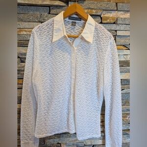 Josephine Chaus White Textured Casual  Women's Button Down Blouse, Size 14